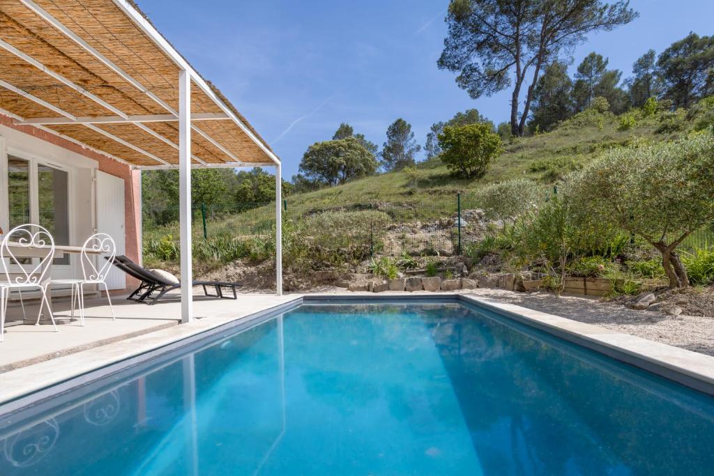 MoulézanPetit Paradis Garrigue的房屋旁的游泳池配有桌椅