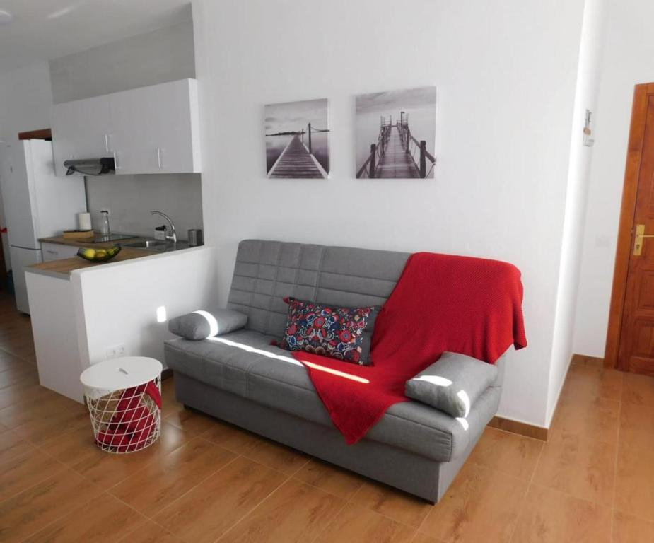 蓬塔穆赫雷斯Estudio SERMAR的客厅配有一张沙发,上面有红毯