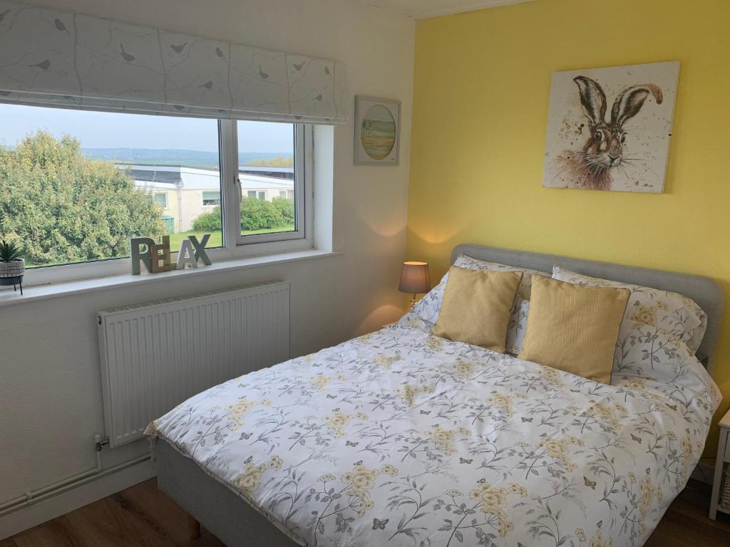 布德Chalet 26 Widemouth Bay的一间卧室设有一张床和一个窗口