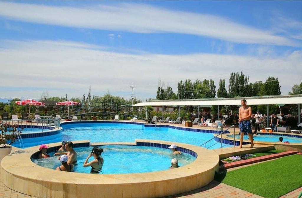 KoshkolʼКвартира в Радуга WEST的一群人在度假村的游泳池里