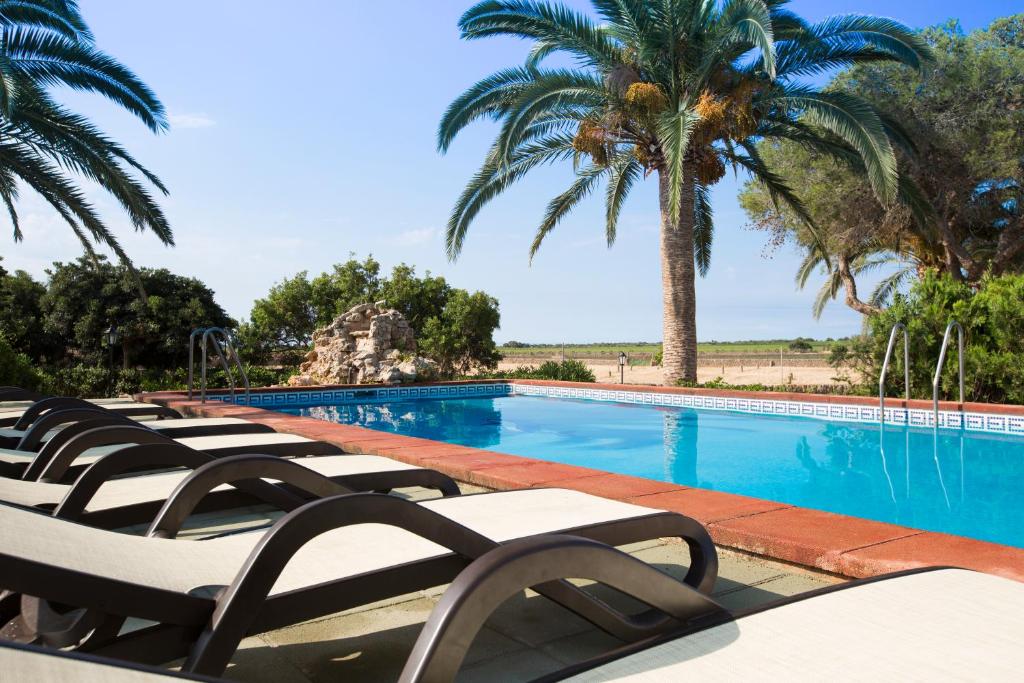 卡拉郫萨巴萨普拉纳酒店的一个带躺椅的游泳池,棕榈树