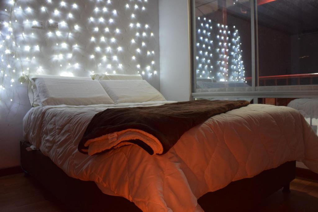 PescaBuenavista Hotel Campestre - Pesca的卧室配有一张挂在墙上的灯光床。