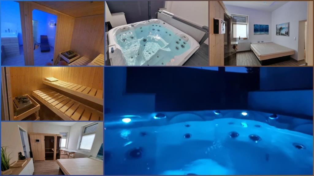 盖尔森基兴Apartment mit Whirlpool, Wasserbett & Sauna的一张房间和浴缸的照片拼在一起