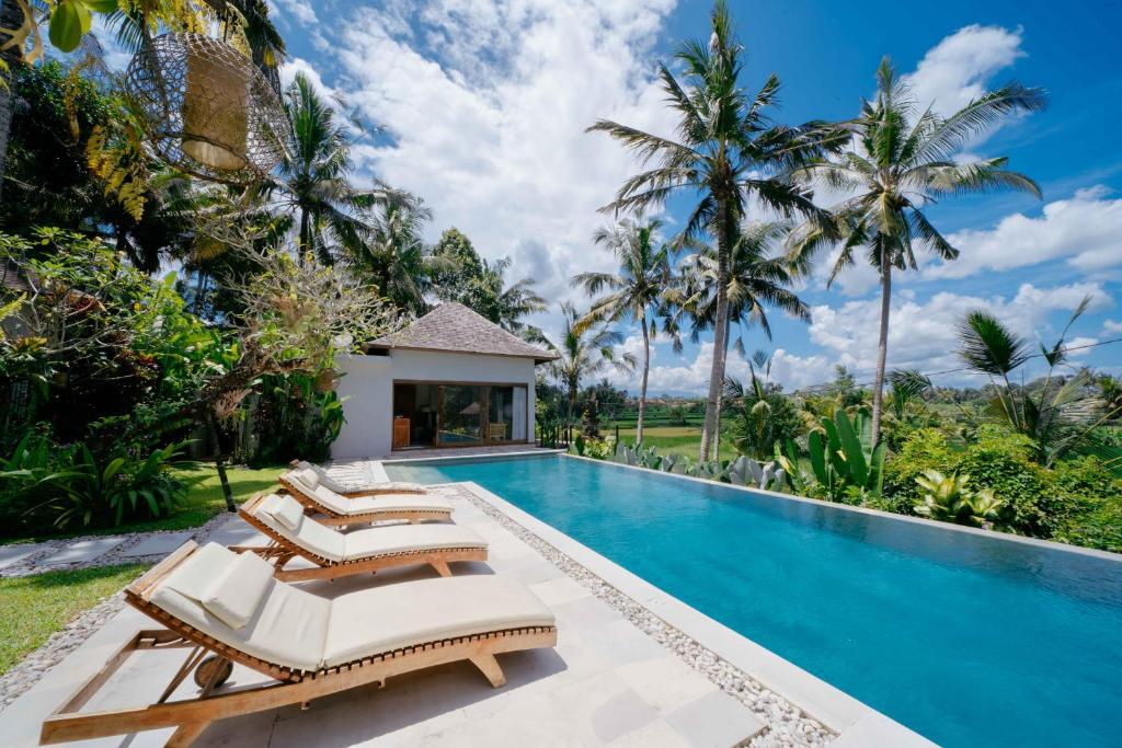 乌布Santun Luxury Private Villas-CHSE CERTIFIED的一个带两张床的游泳池,棕榈树