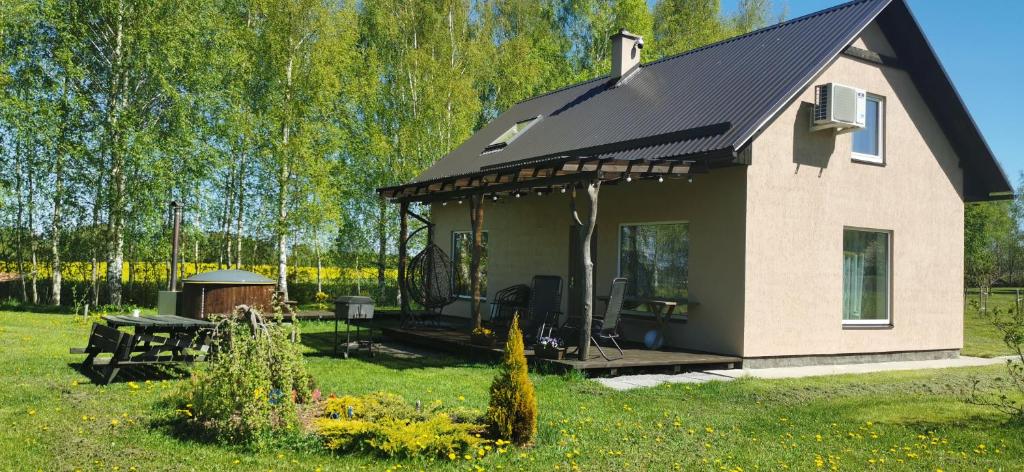 库尔迪加Burziņi的草场上带屋顶的小房子