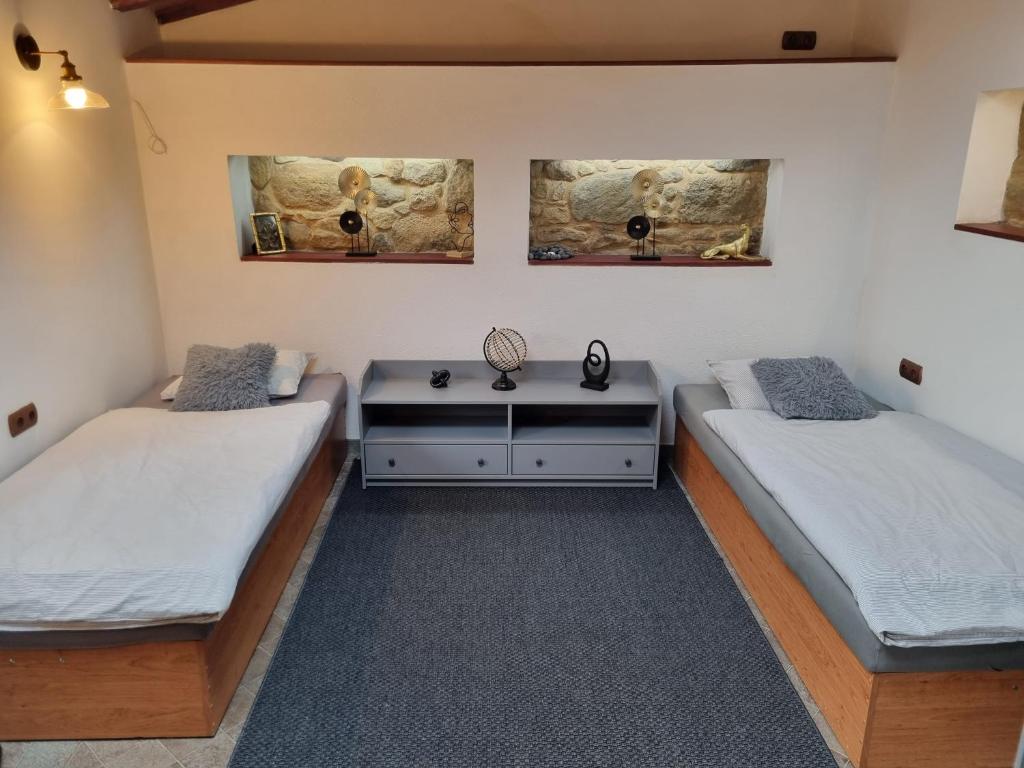 比尔森Vila Lucia - Apartmán 6的客房设有两张床和一张书桌。