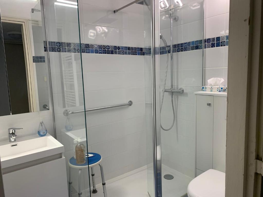 奥朗日Chambre d'hôtes Fauvart Antony Réal的带淋浴、卫生间和盥洗盆的浴室