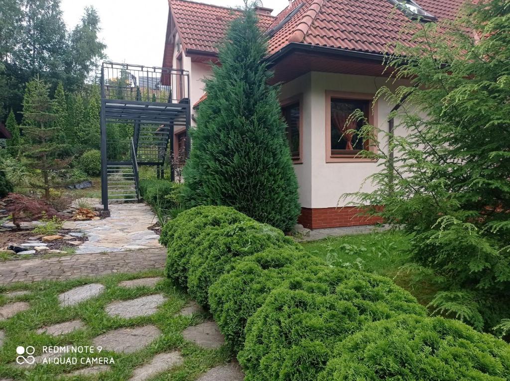 杜什尼基-兹德鲁伊Apartamenty Brzozowe Zacisze的灌木丛屋前的花园