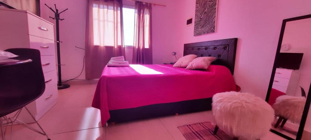 圣地亚哥-德尔埃斯特罗TU REFUGIO - Alquiler Temporario的粉红色的卧室配有一张带粉红色床单的大床