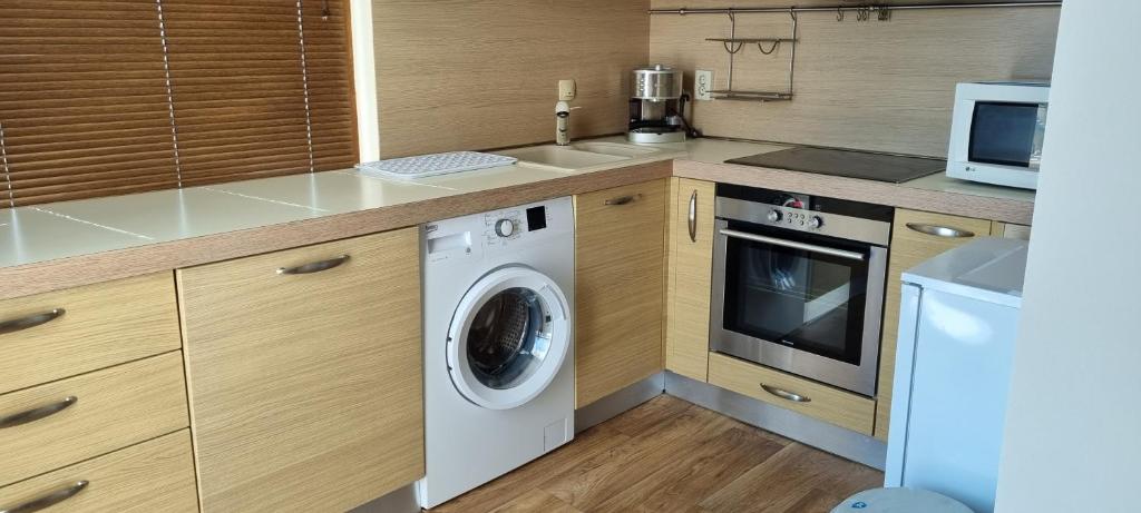 索佐波尔Dani beach Sozopol的厨房配有洗衣机和微波炉。