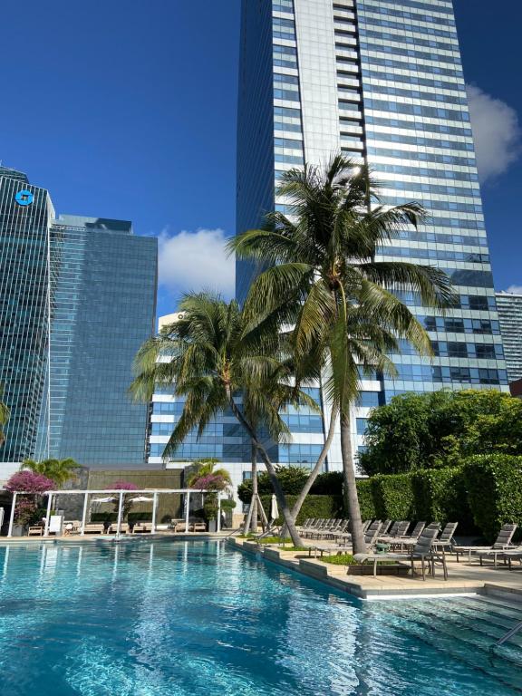 迈阿密Four Seasons Hotel Miami - Luxury Private Residences的一座棕榈树和建筑的游泳池