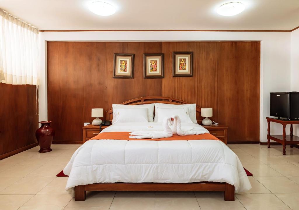 特鲁希略Recreo Hotel的一间带大床和电视的卧室