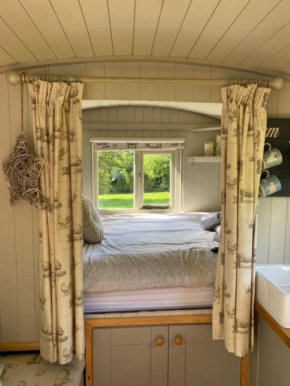 阿克斯明斯特The Orchard Shepherds Hut的一个小房间的一个床位,设有窗户