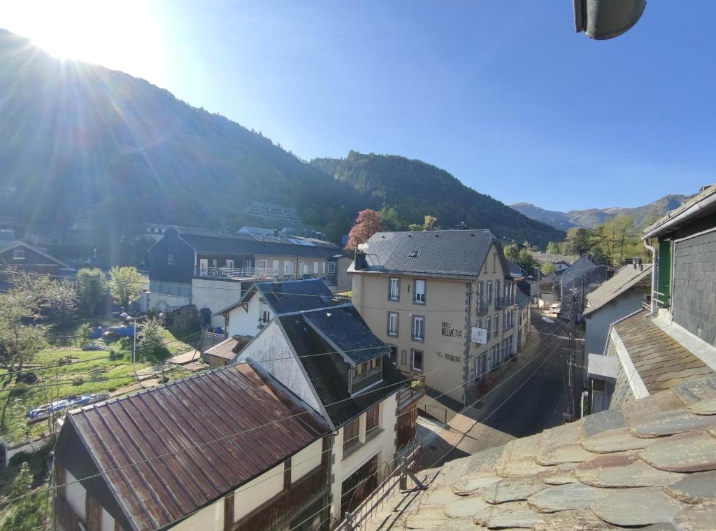 勒蒙多尔Appartement avec vue sur le Sancy, parking gratuit的享有拥有建筑和山脉的城镇美景