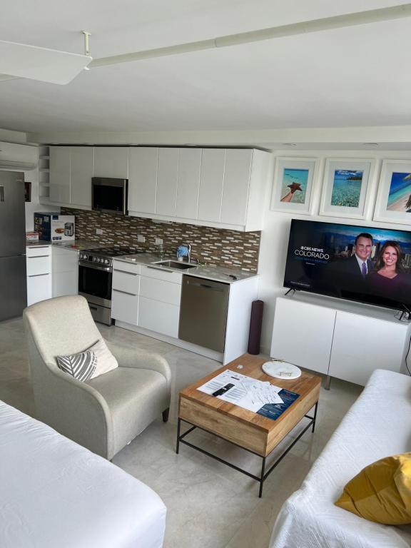 圣胡安Yoa’s escape的带沙发的客厅和带电视的厨房