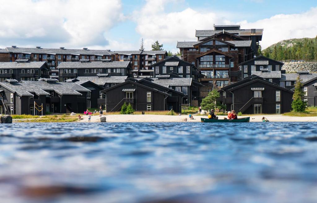 Noresund诺乐吉尔滑雪及Spa酒店的一群人坐在水面上的房子前