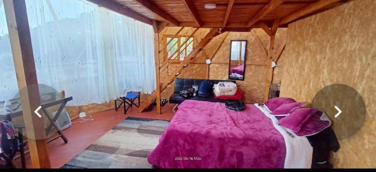 托塔GLAMPING Aldea Muisca的一间卧室配有一张大床和紫色毯子