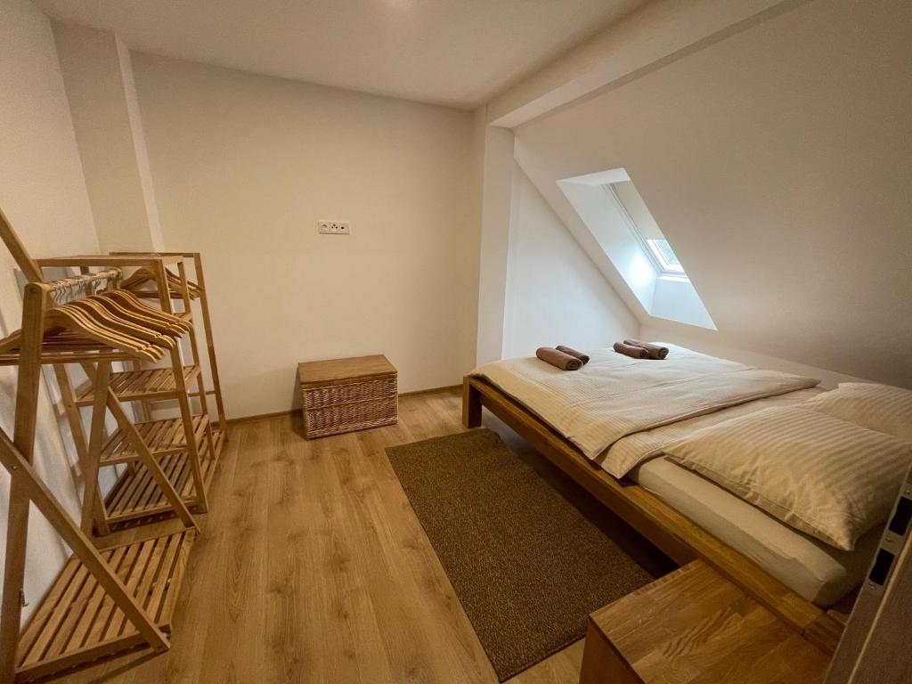 捷克斯卡利采Apartmány B. Němcové的一间卧室设有一张床和梯子