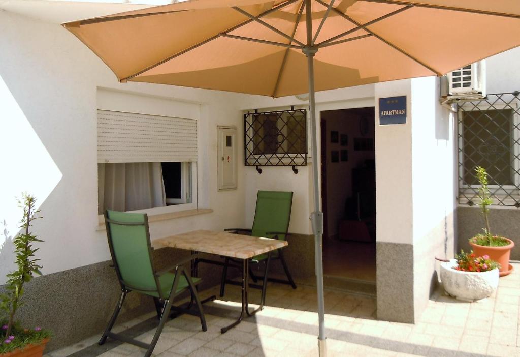 茨里克韦尼察Apartman Crikvenica 30048 - Jasna的露台的遮阳伞下的桌椅