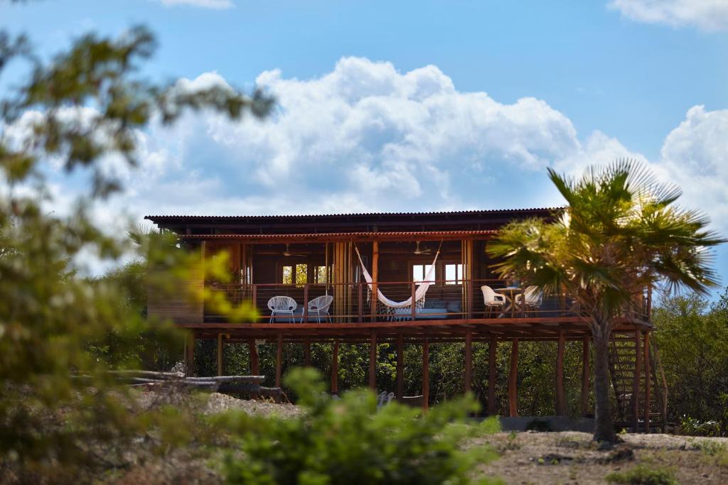 DibullaCorazon Guajiro Cabaña frente a Playa Solitaria en Dibulla cerca a Palomino - Cabin in front of Solitary Beachs的一座带椅子和棕榈树的木屋