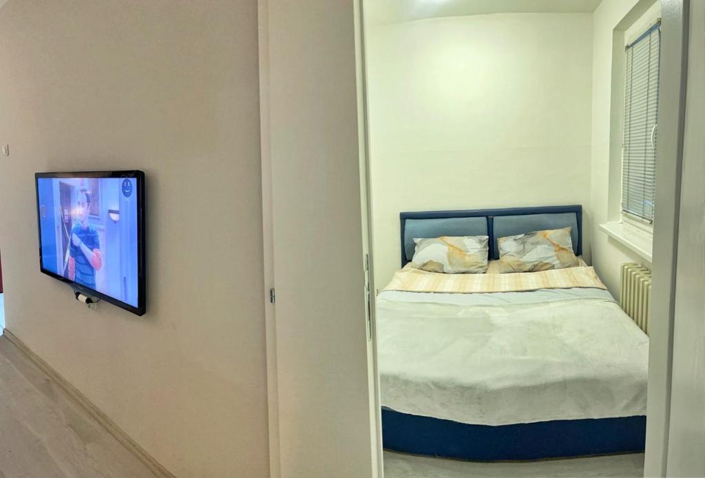 斯科普里Cosy Apartment on an amazing location!的一间卧室配有一张床,墙上配有电视