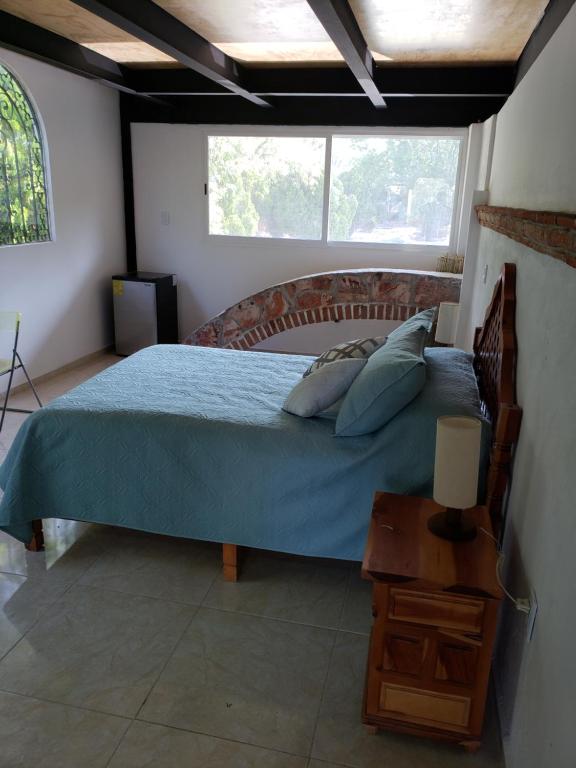 特基斯基亚潘MASTER SUITE JARDIN的一间卧室配有一张带蓝色床单的床和一扇窗户。