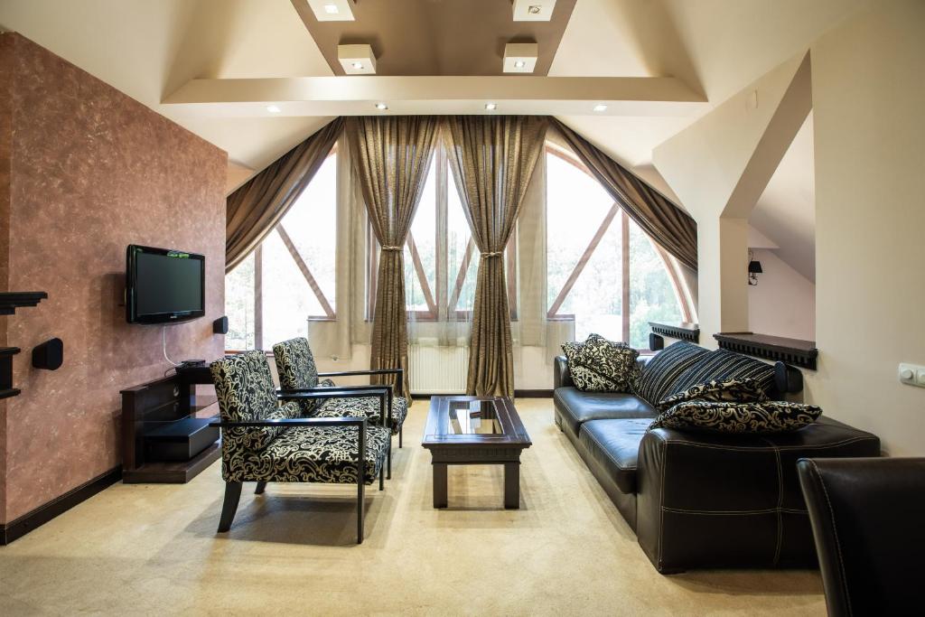 帕利克Hotel Vila Lago的客厅配有沙发、椅子和电视