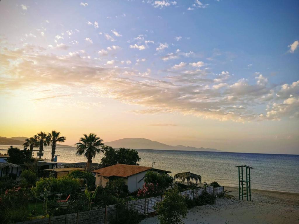 阿里克斯Anatolikos Rooms的享有棕榈树海滩和大海的景色