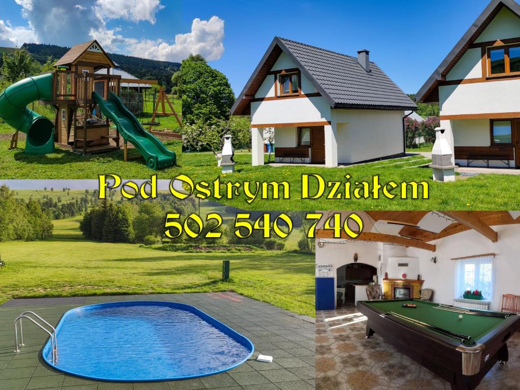 下乌斯奇基Domki - Noclegi Pod Ostrym Działem的一张带游泳池和游乐区的房子的照片