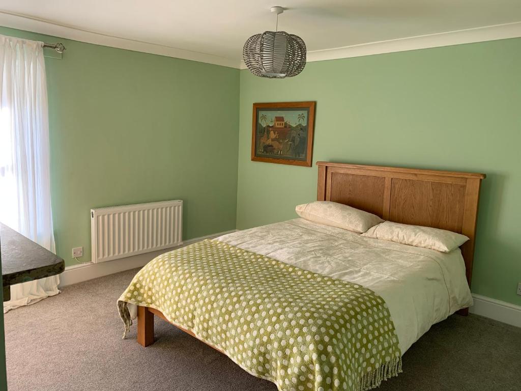 Bishopthorpe71 Main Street的一间卧室配有一张床和一个吊灯