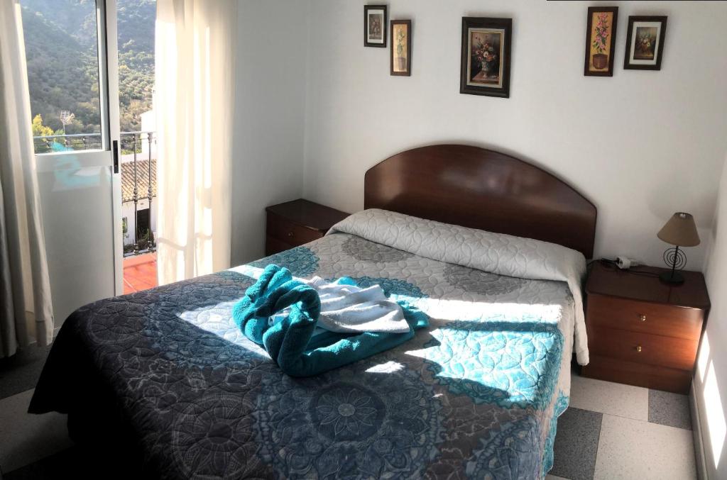 贝纳马奥马Benamahoma Rural的一间卧室配有一张带蓝色毯子的床