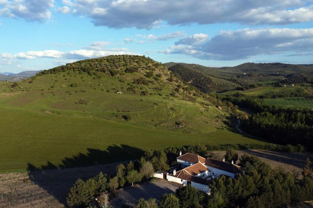 阿尔卡拉拉雷亚尔Cortijo Rural La Gineta Alcalá la Real的绿色山丘上房屋的空中景致