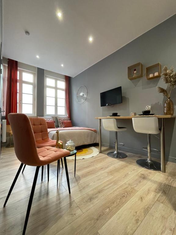 瓦朗西纳Studio Vieux Valenciennes的客厅配有沙发、椅子和书桌