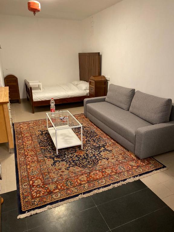 特拉维夫Pleasant Loft Apartment In The Heart Of Tel-Aviv的带沙发和咖啡桌的客厅