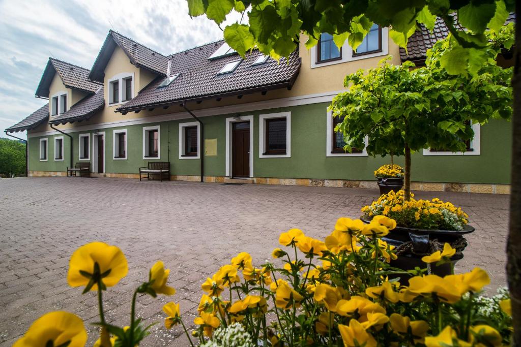ŽďárPenzion Helga的前面有黄色花的建筑