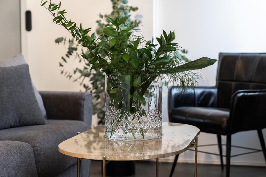凯夫拉维克Keflavik Luxury apartment - KLA的客厅桌子上的花瓶