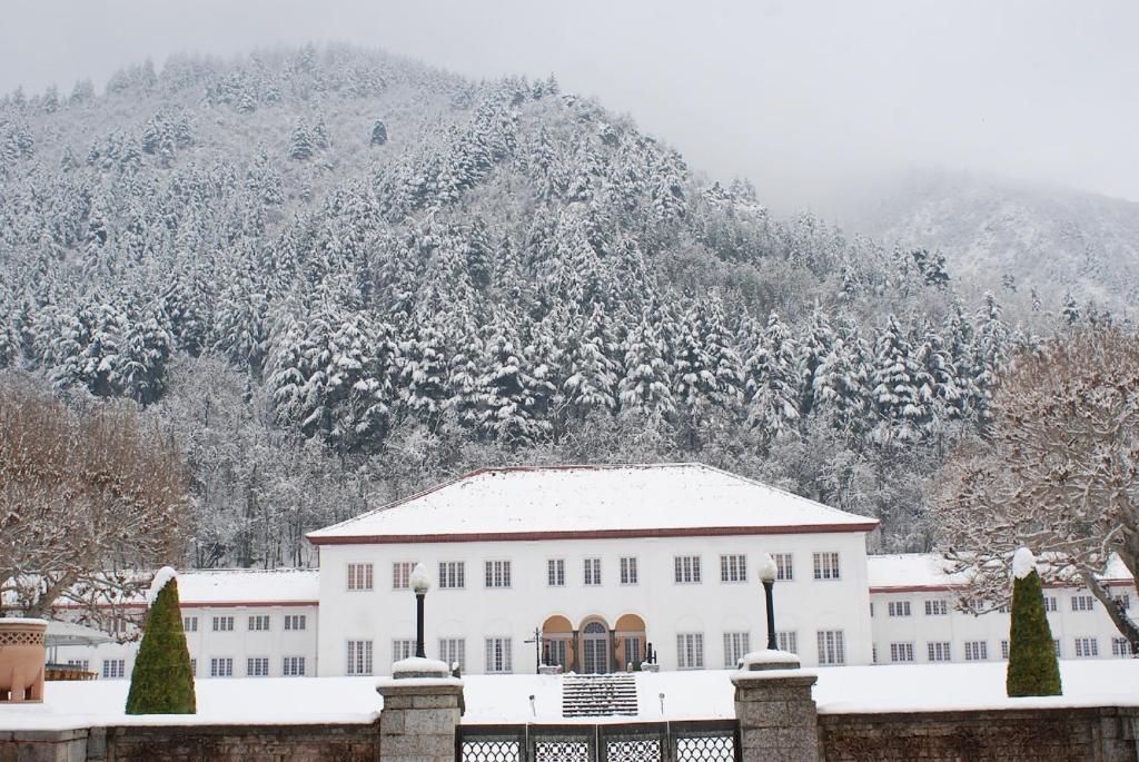 斯利那加拉利特大皇宫斯利那加酒店的雪覆盖的山前的建筑物