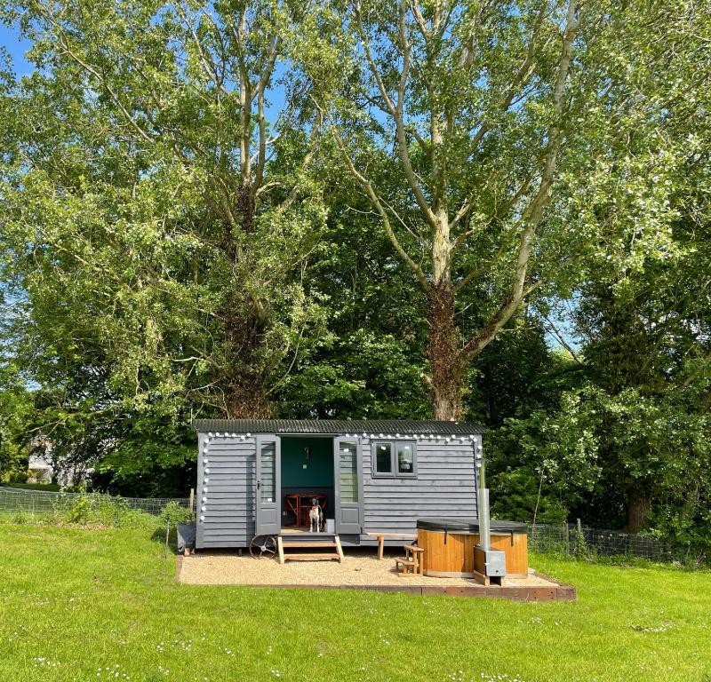 HunworthOld King William Shepherd Huts and Private Hot Tubs in North Norfolk的田野里的小篷车,有树
