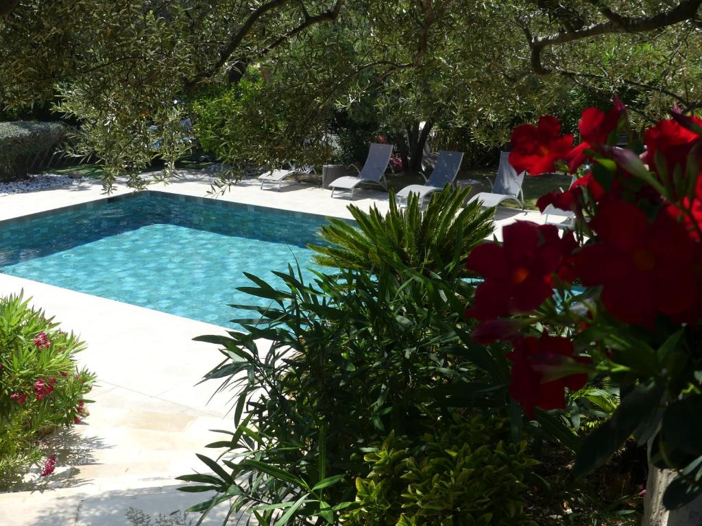 圣艾格夫La Calanque du Boucharel的鲜花庭院中的游泳池