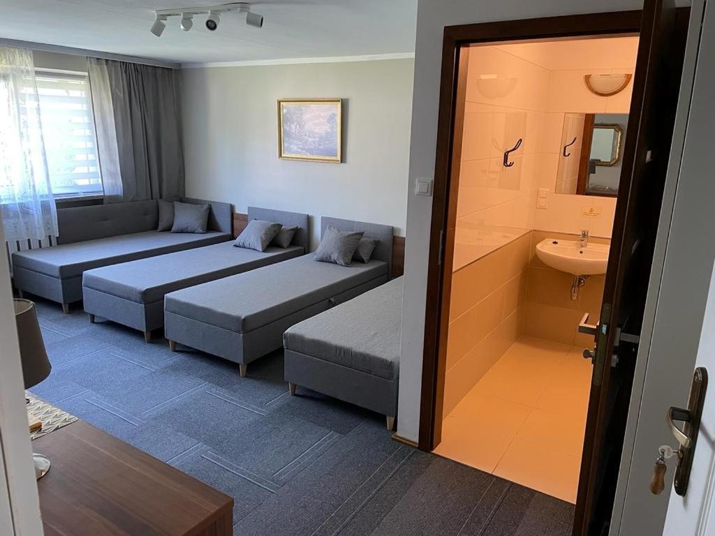 德兹维济诺Pokoje gościnne的酒店客房设有两张床和盥洗盆
