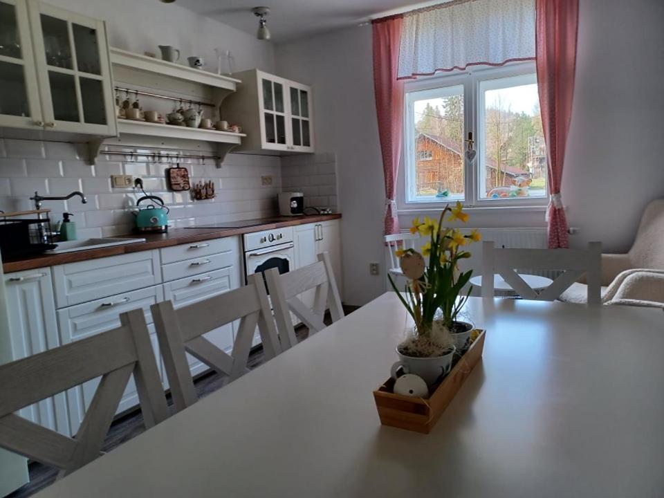 多尔尼洛玛纳CHalupa Relax的厨房配有白色的桌椅和窗户。