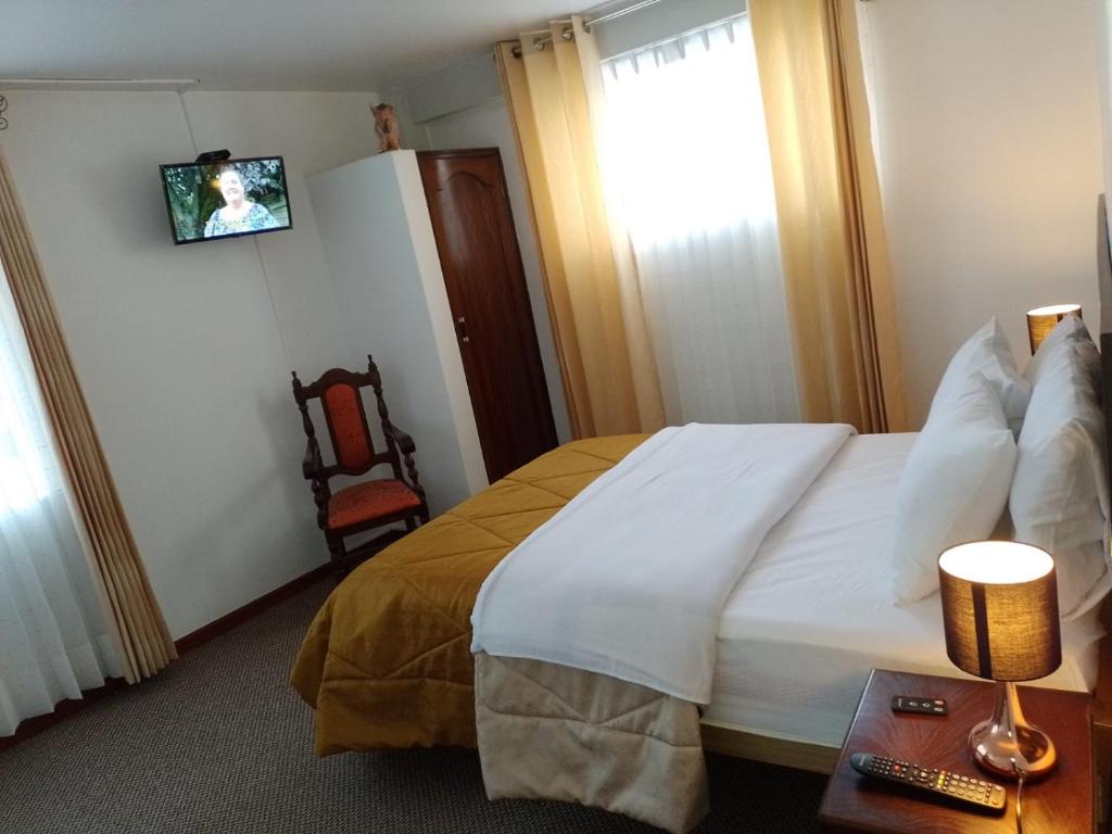 普诺Pukara House的配有一张床和一把椅子的酒店客房