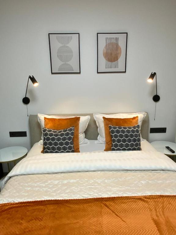 德鲁斯基宁凯Alėjos Apartmentai City的一间卧室配有一张大床和两盏灯
