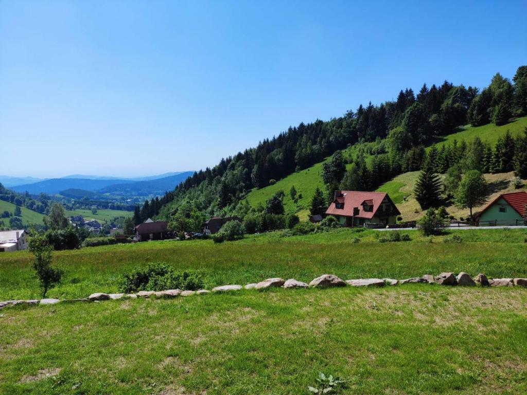 索克莱克Maślany Domek的山丘上带房子的绿色田野