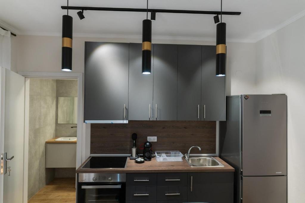 亚历山德鲁波利斯Stamatina's Luxury Apartment (Little Suite)的厨房配有水槽和冰箱