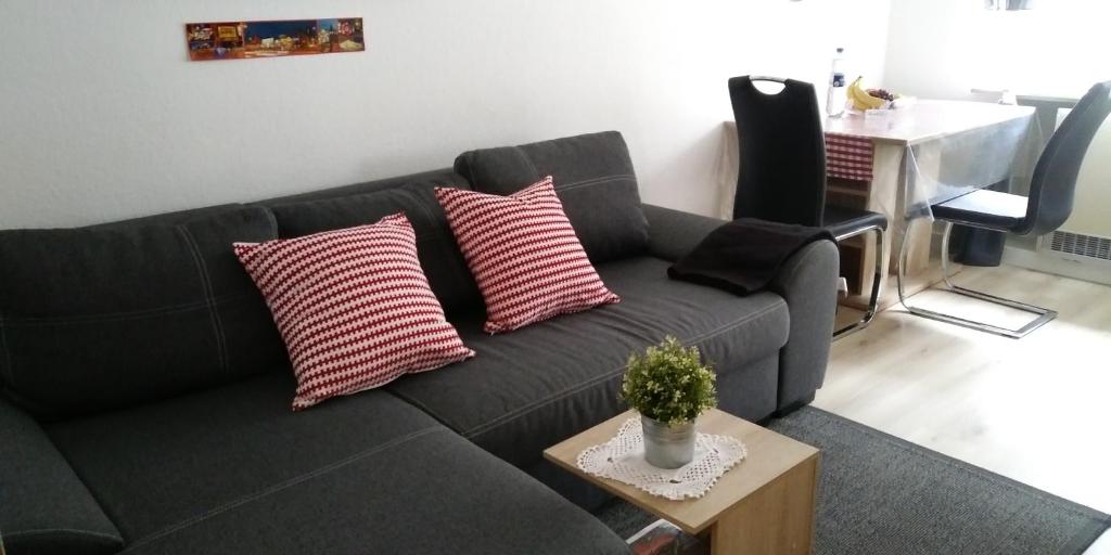 特里滕海姆Ferienhaus Mosel/Trittenheim的客厅配有黑色沙发,提供红色和白色枕头