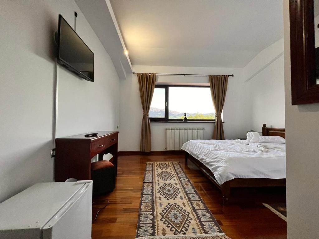 莫伊西德约斯Belvedere Resort Moieciu的一间卧室设有一张床、一台电视和一个窗口。