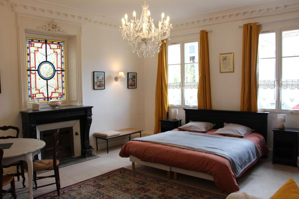 布尔日Clos Montcenoux, au coeur de Bourges.的一间卧室配有一张床、一个壁炉和一个吊灯。
