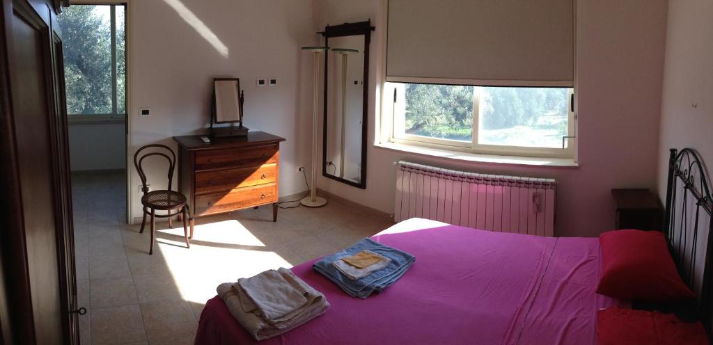 梅萨涅B&B Finestre Tra Gli Ulivi的一间卧室配有紫色的床、梳妆台和窗户。