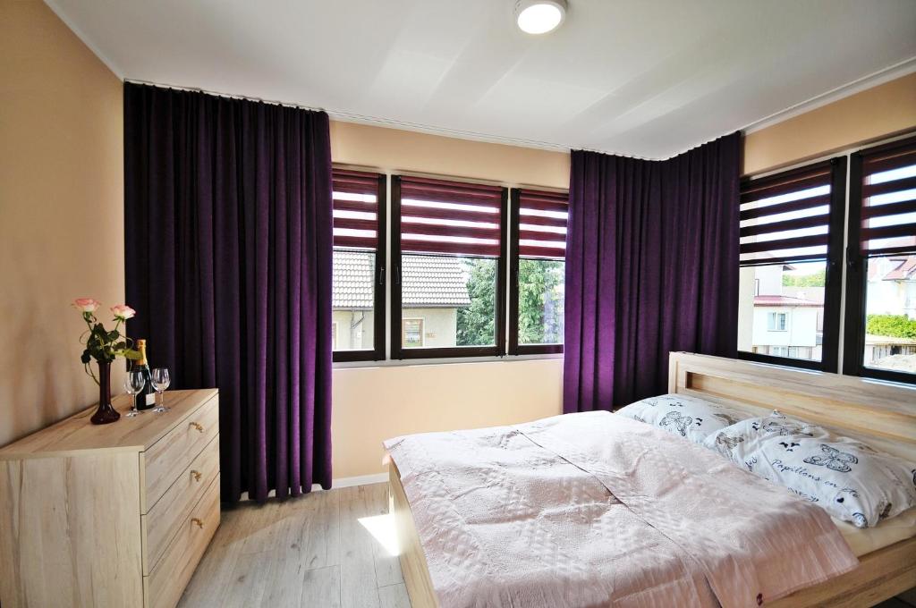 科沃布热格BALTIC VIBES - pokoje gościnne的一间卧室配有一张大床和紫色窗帘